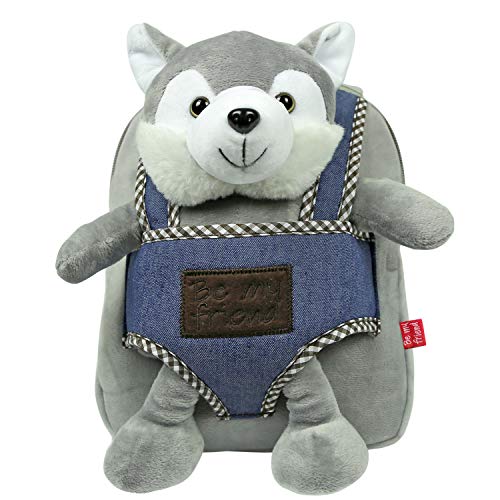 PERLETTI Mochila Infantil Pequeña Husky de Peluche - Bolso Perro Niños Niñas 3 4 5 Años con Muñeco Extraíble Escuela Guarderia Viaje - Bolsa Escolar Reversible con Perrito Peluche - 22x25x3 cm (Husky)