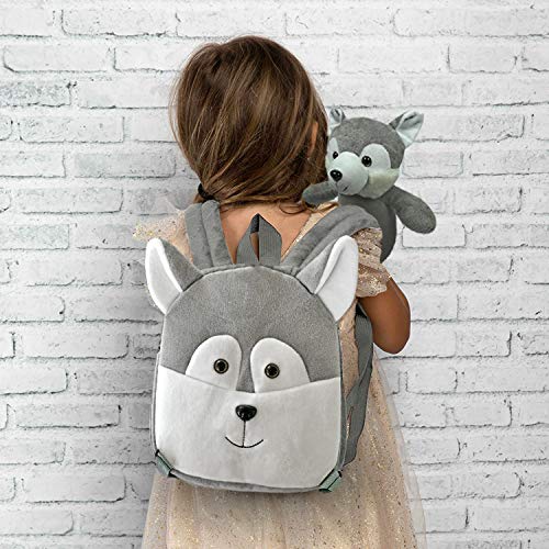 PERLETTI Mochila Infantil Pequeña Husky de Peluche - Bolso Perro Niños Niñas 3 4 5 Años con Muñeco Extraíble Escuela Guarderia Viaje - Bolsa Escolar Reversible con Perrito Peluche - 22x25x3 cm (Husky)