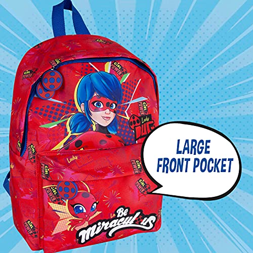 PERLETTI Mochila Miraculous Ladybug para Niña con Bolsillo Frontal - Bolso Escolar Niñas para Escuela y Guardería con Lady Bug y Tikki - Mochilita con Tirantes Regulables Rojo y Azul - 38x26x16