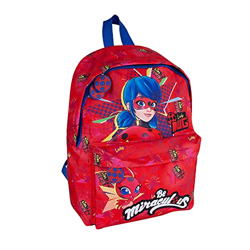 PERLETTI Mochila Miraculous Ladybug para Niña con Bolsillo Frontal - Bolso Escolar Niñas para Escuela y Guardería con Lady Bug y Tikki - Mochilita con Tirantes Regulables Rojo y Azul - 38x26x16