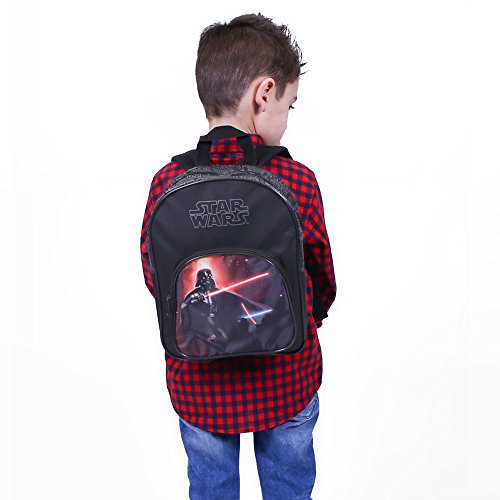 PERLETTI Mochila Niño Star Wars - Bolso Escolar con Bolsillo Frontal Estampado Darth Vader - Bolsa Cartera para Escuela Guarderia Viaje con Tirantes Acolchados - Negro - 30x23x12 cm