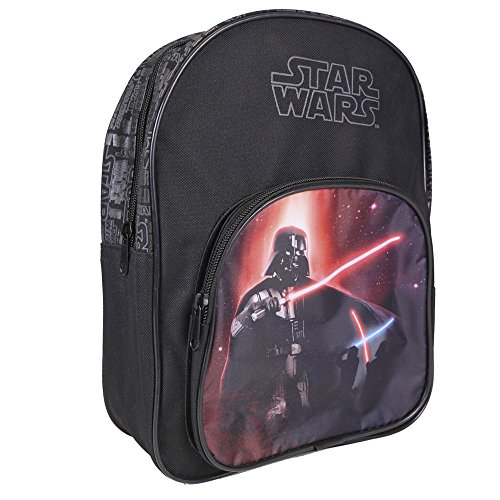 PERLETTI Mochila Niño Star Wars - Bolso Escolar con Bolsillo Frontal Estampado Darth Vader - Bolsa Cartera para Escuela Guarderia Viaje con Tirantes Acolchados - Negro - 30x23x12 cm