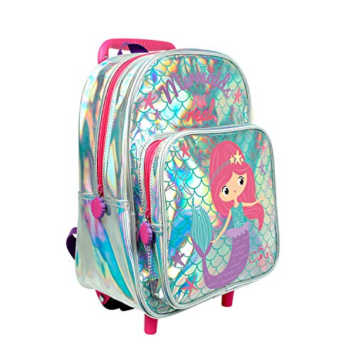 PERLETTI Mochila Trolley Sirena para Niña 2/5 Años con Bolsillo - Bolsa Infantil con Ruedas para Escuela Guardería Jardin de Infancia y Viajes - Bolso Detalles Reflectantes - 33x23x15 cm (Sirenita)