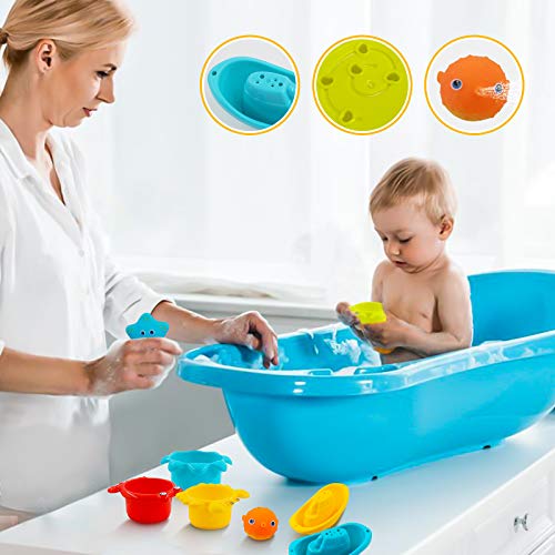 PHYLES Juguetes baño Bebe, Juguetes baño flotantes Coloridos, Juguetes bañera Bebe con 3 Animales Marinos con rociado de Agua, 2 Barcos de baño, 4 Tazas apilables