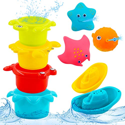 PHYLES Juguetes baño Bebe, Juguetes baño flotantes Coloridos, Juguetes bañera Bebe con 3 Animales Marinos con rociado de Agua, 2 Barcos de baño, 4 Tazas apilables