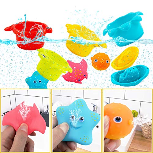 PHYLES Juguetes baño Bebe, Juguetes baño flotantes Coloridos, Juguetes bañera Bebe con 3 Animales Marinos con rociado de Agua, 2 Barcos de baño, 4 Tazas apilables