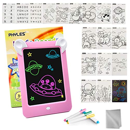 PHYLES Tablero de Dibujo Mágico, Pizarra 3D Mágico con Luces LED para Niños, Boceto, Arte, Juguetes Educativos, Incluye 10 Plantillas, 4 Bolígrafos, 1 Paño de Limpieza (Rosa)