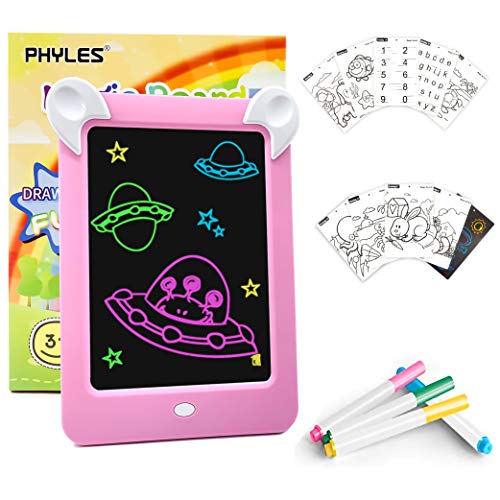 PHYLES Tablero de Dibujo Mágico, Pizarra 3D Mágico con Luces LED para Niños, Boceto, Arte, Juguetes Educativos, Incluye 10 Plantillas, 4 Bolígrafos, 1 Paño de Limpieza (Rosa)