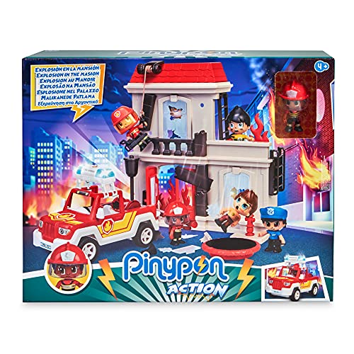 Pinypon Action - Explosión en la Mansión, juego de aventuras y figuras de acción, una casa con actividades para jugar, un coche de bomberos, un muñeco y accesorios, Famosa (700016643)