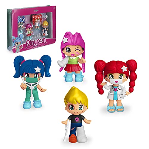 Pinypon - Pack de 4 Figuras de Hospital, set de diferentes muñecas Pinypon, doctora, enfermera, 2 pacientes y varios accesorios médicos, para niñas y niños a partir de 4 años, FAMOSA (700016650)