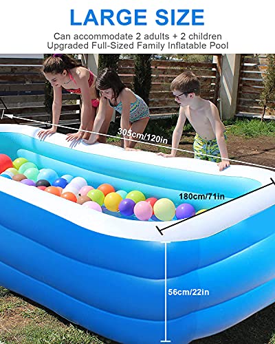 Piscina Hinchable Infantil, Piscina Hinchable Rectangular Grande Verano Juego de Agua 120" X 71" X 22", Piscina Niños, Niños, Familia, Aobre el Suelo, Patio Trasero, Aire Libre, Azul Transparente