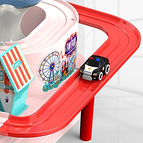 Pistas de carreras Safe Smooth Car Adventure City Rescue Juguete educativo preescolar para niños, Puzzle de vehículos Pistas de autos Estacionamiento Playsets Juguete interactivo de carreras, Rosa