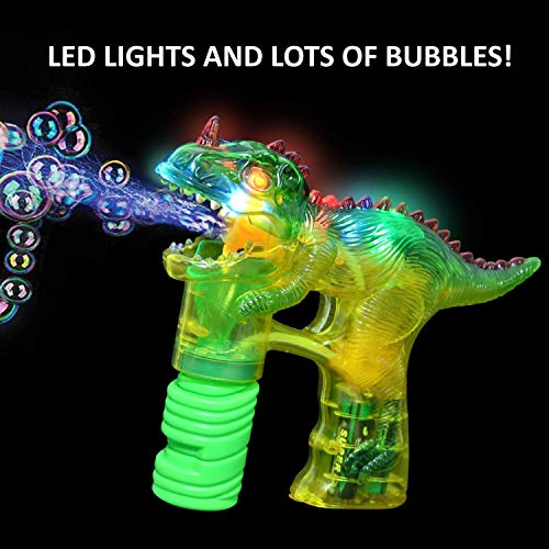 Pistola de burbujas de dinosaurio Light Up Blower | Toy Bubble Blaster para niños pequeños, niños, fiestas | Luces LED intermitentes y sonido, botella de recarga adicional (baterías no incluidas)