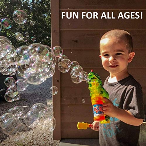 Pistola de burbujas de dinosaurio Light Up Blower | Toy Bubble Blaster para niños pequeños, niños, fiestas | Luces LED intermitentes y sonido, botella de recarga adicional (baterías no incluidas)