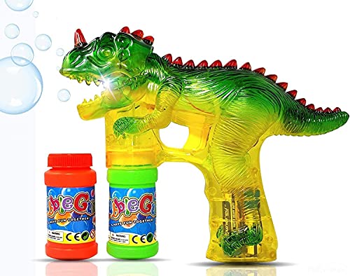 Pistola de burbujas de dinosaurio Light Up Blower | Toy Bubble Blaster para niños pequeños, niños, fiestas | Luces LED intermitentes y sonido, botella de recarga adicional (baterías no incluidas)