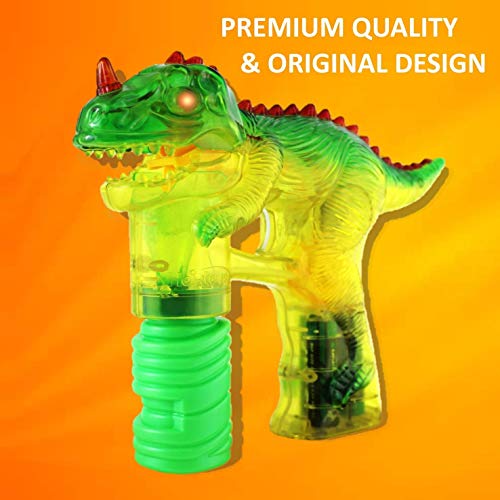 Pistola de burbujas de dinosaurio Light Up Blower | Toy Bubble Blaster para niños pequeños, niños, fiestas | Luces LED intermitentes y sonido, botella de recarga adicional (baterías no incluidas)