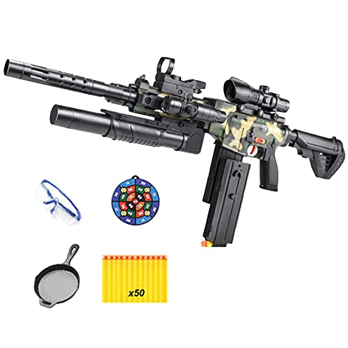 Pistola de Juguete Automática M416, Blasters de Espuma de Juguete para Niños con 50 Rondas de Balas Suaves, Objetivo, Gafas y Pan, Niños de 6 a 12 años,Camouflage