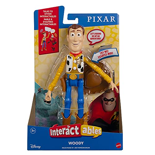 Pixar Interactables Woody parlanchín, habla con otros muñecos, figura de juguete con sonidos (Mattel HBK99)