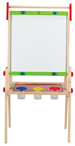 Pizarra Caballete Todo en 1 de Madera de Hape,Galardonado Caballete para Niños y Niñas de dos Caras con Altura Ajustable y Rollo de Papel, Pizarra blanca, Pizarra de tiza, Imanes y 3 Botes de Pintura