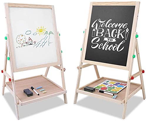 Pizarra Infantil con pies Regulables,Pizarra Madera Infantil,Pizarra de madera 2 en 1 con regulable y tizas,De Caballete Para Niños Caballete Chalk Drawing Board,14.5×27.5 Inch,tizas coloreados×12