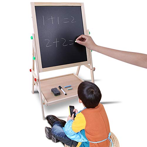 Pizarra Infantil con pies Regulables,Pizarra Madera Infantil,Pizarra de madera 2 en 1 con regulable y tizas,De Caballete Para Niños Caballete Chalk Drawing Board,14.5×27.5 Inch,tizas coloreados×12