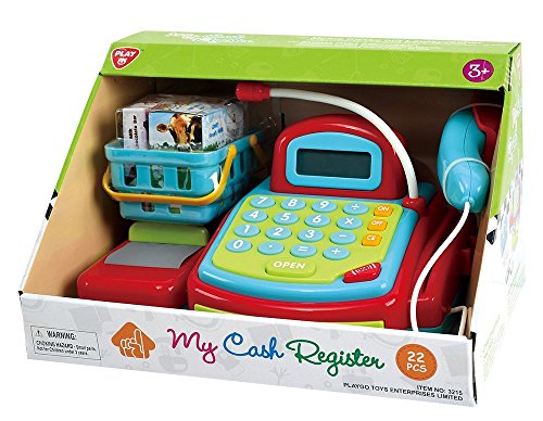 PlayGo 3215 - Caja con Cinta transportadora Manual, calculadora electrónica, Tarjeta de crédito y un cajón con Cerradura con el Dinero, incluida la Cesta de la Compra con Accesorios