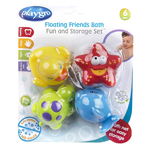 Playgro Juguete de Baño 4 Amigos con Red de Almacenamiento, Totalmente Sellado, Impermeable-Sin Suciedad, Juguete para el Bebé Durante el Baño, a Partir de 6 Meses, Sin BPA, 40223, Multicolor