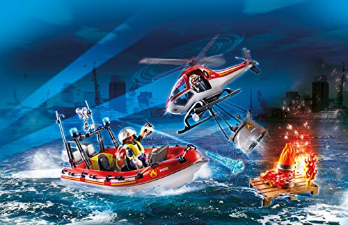 PLAYMOBIL City Action 70335 Operación de Bomberos con helicóptero y Barco, A Partir de 4 años