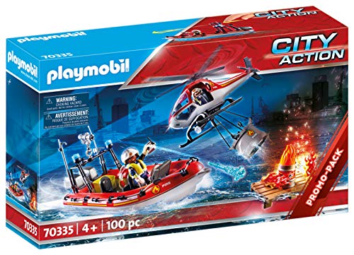 PLAYMOBIL City Action 70335 Operación de Bomberos con helicóptero y Barco, A Partir de 4 años