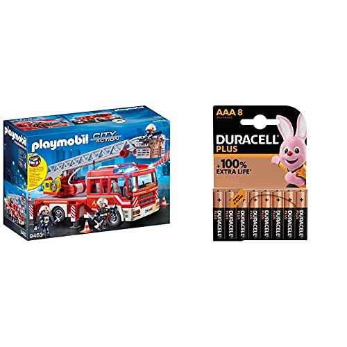 PLAYMOBIL City Action Camión de Bomberos con Escalera, Luces y Sonido, a Partir de 5 Años (9463) + Duracell - Nuevo Pilas alcalinas Plus AAA , 1.5 Voltios LR03 MN2400, Paquete de 8