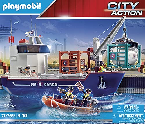 PLAYMOBIL City Action Gran Buque Portacontenedores con Barco Aduanero , A partir de 4 años (70769)