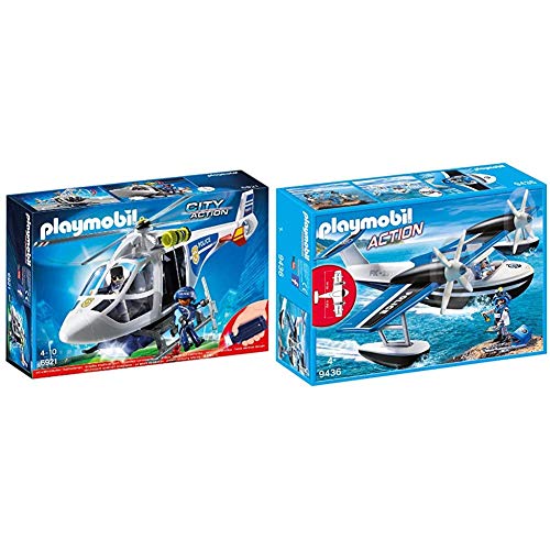 PLAYMOBIL City Action Helicóptero de Policía con Luces LED, a Partir de 4 Años (6921) + - Hidroavión de Policía Juguete, Multicolor (geobra Brandstätter 9436)