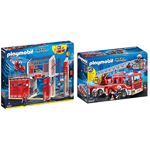 PLAYMOBIL City Action Parque De Bomberos con Efectos De Sonido, A Partir De 4 Años (9462) + City Action Camión De Bomberos con Escalera, Luces Y Sonido, A Partir De 5 Años (9463)