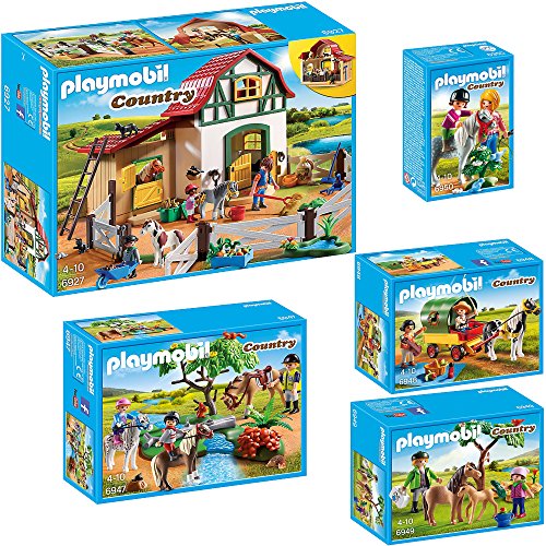 PLAYMOBIL® Country Set en 5 parties 6927 6947 6948 6949 6950 Ferme Équestre + Promenade à Cheval + Excursion de Calèche + Poney avec poulain + Promenade à Poney