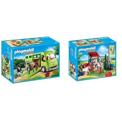 Playmobil Country Transporte De Caballo con Holstein Y Jinete En Traje De Adiestramiento, A Partir De 5 Años (6928) + Country Playset De Limpieza para Caballos, Multicolor (6929)