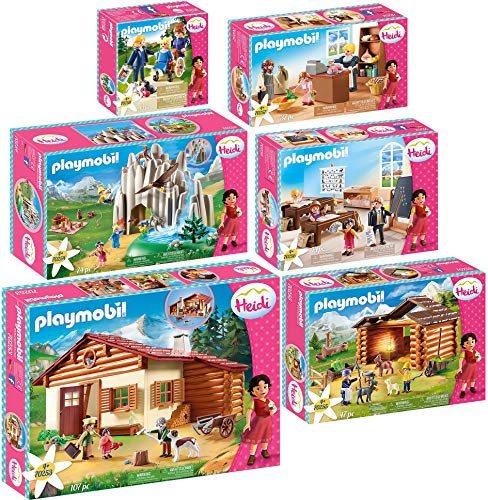 PLAYMOBIL® Heidi Juego de 6 Piezas 70253 70254 70255 70256 70257 70258 Heidi en la Cabaña de los Alpes + Lago con Heidi + Establo de Cabras + Clase en Dörfli + Tienda Familia Keller + Clara