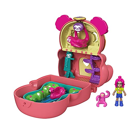 Polly Pocket Cofre con forma de perezoso, con muñeca y mascota, juguete para niñas y niños +4 años (Mattel GTM59)