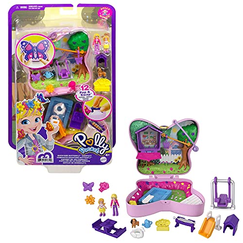 Polly Pocket Cofre patio mariposa, muñeca con accesorios, juguete +4 años (Mattel GTN21)