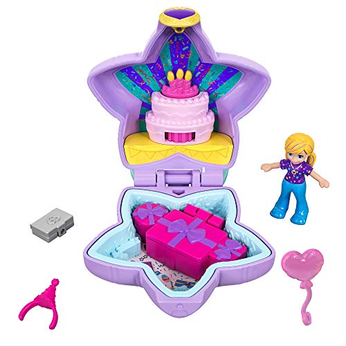 Polly Pocket Mini Cofre Fiestad de cumpleaños sorpresa, muñeca con accesorios (Mattel GFM53)