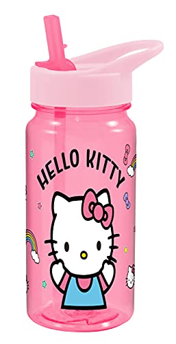 Pos 33117 - Botella de plástico con diseño de Hello Kitty y pajita integrada, capacidad aprox. 450 ml, sin BPA ni ftalatos, ideal para viajes, escuela o deporte