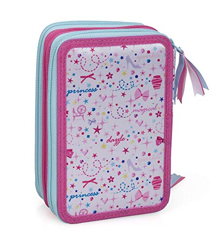 Princesas Disney 12634 - Estuche triple relleno, 44 accesorios escolares, 20 cm, Aurora, Belle, Jasmine, Cenicienta, Blancanieves