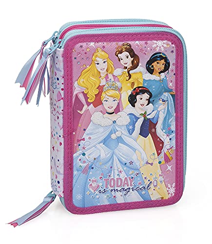 Princesas Disney 12634 - Estuche triple relleno, 44 accesorios escolares, 20 cm, Aurora, Belle, Jasmine, Cenicienta, Blancanieves