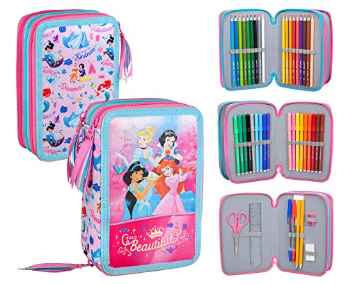 Princesas Disney - Estuche triple relleno, 44 accesorios escolares, 20 centímetros