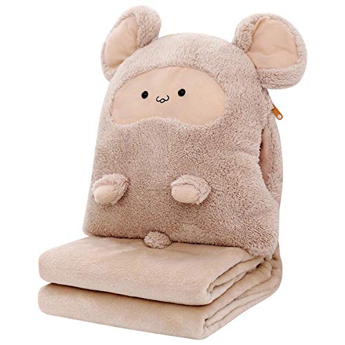 PUDDINGH® Dibujos Animados Felpa Aire Acondicionado Manta Almohada Oficina Viaje Avión Camping Nap Manta Portátil,Brown