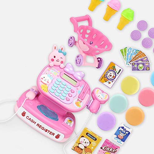 PUDDINGT® Kids Cash Register Pretend Play Supermarket Shop Till Toy Play Food Game con Calculadora de Trabajo,Pink