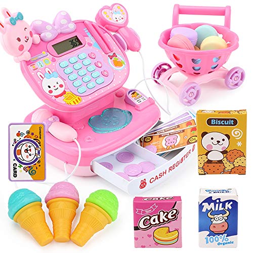 PUDDINGT® Kids Cash Register Pretend Play Supermarket Shop Till Toy Play Food Game con Calculadora de Trabajo,Pink