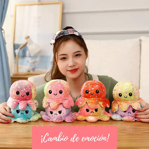 Pulpo Reversible, Peluche de Pulpo emociones, Pulpo de Colores 2 Caras, Pulso Feliz y Triste, Suave y blandito (1- Pulpo Naranja Multi)