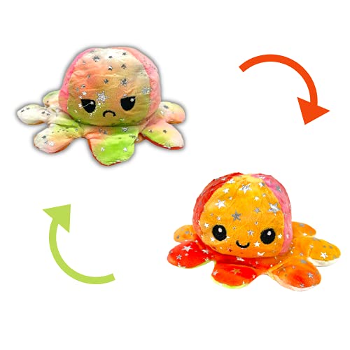 Pulpo Reversible, Peluche de Pulpo emociones, Pulpo de Colores 2 Caras, Pulso Feliz y Triste, Suave y blandito (1- Pulpo Naranja Multi)