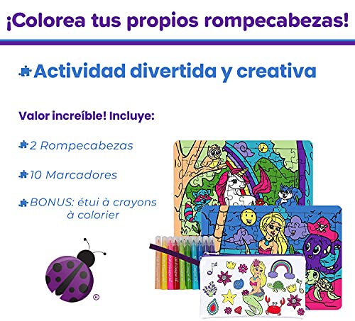 Purple Ladybug 2 Puzzles para niños con Unicornio y Sirena – Juguetes creativos para Niñas con 10 Rotuladores de Colores y Estuche Escolar Gratis! Arte Divertido, Niñas