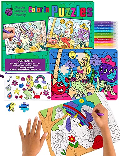 Purple Ladybug 2 Puzzles para niños con Unicornio y Sirena – Juguetes creativos para Niñas con 10 Rotuladores de Colores y Estuche Escolar Gratis! Arte Divertido, Niñas